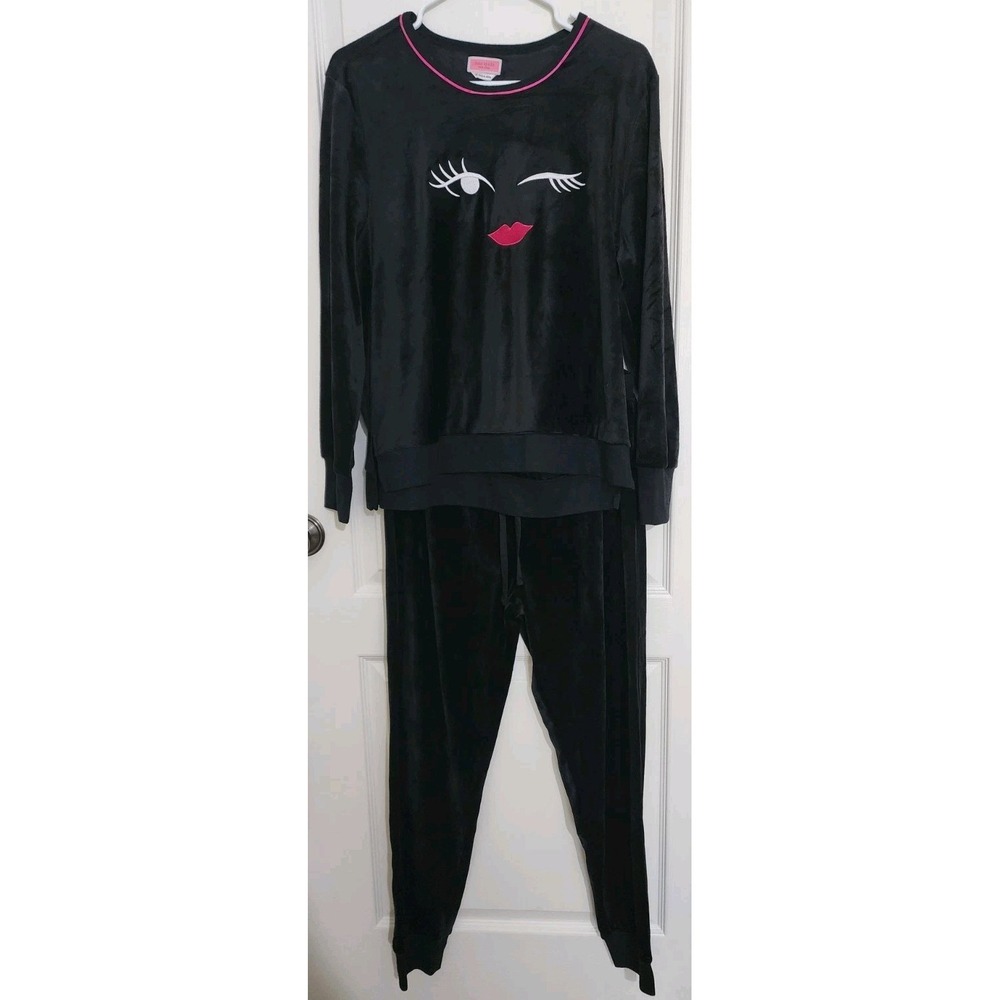 Kate Spade New York Women's‎ XL Black Velour Pajama Set Face Graphic Loungewear
